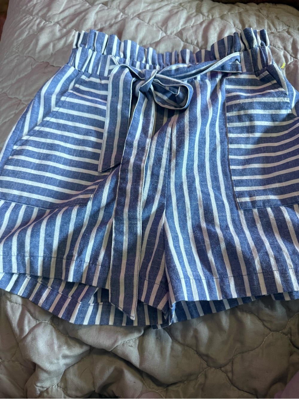 entro Blue and White Striped Paperbag Waist Shorts